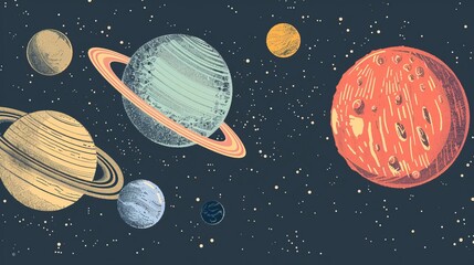 Canvas Print - This vibrant image illustrates a series of planets against a star-filled background. Each planet exhibits bold colors and intricate details, highlighting the beauty of the cosmos.