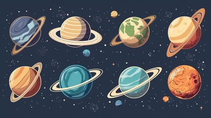 Wall Mural - colorful depiction of different planets in the solar system, each uniquely illustrated with rings, t