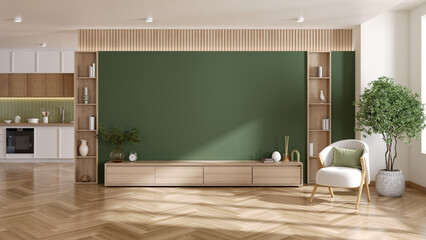 Wall Mural - Modern scandinavian interior ,empty wall space for tv,wood shelf and green wall, 3d render