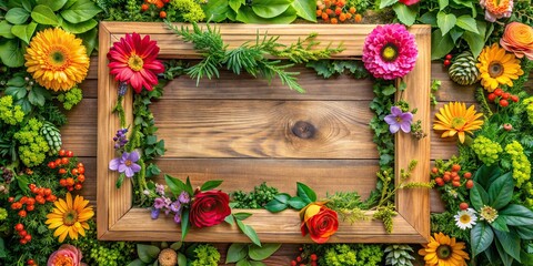 Wall Mural - Wooden frame adorned with colorful flowers and lush green leaves , nature, floral, decoration, wooden, frame, foliage