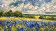 © Gia - A beautiful oil painting showcasing a field of bluebonnets stretching across a lush landscape underneath a dramatic cloudy sky, capturing the essence of Texas.