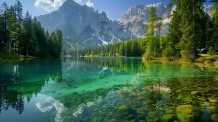 Wall Mural - Tranquil lake with crystal-clear water reflecting surrounding trees and mountains, providing a calming and peaceful scene. 