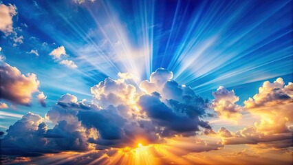 vibrant clouds in blue sky with sun rays shining through them, beautiful, amazing, colorful, clouds,