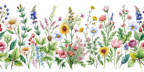 Poster - A beautiful collection of hand-painted watercolor floral borders featuring delicate wildflowers and herbs, aquarelle