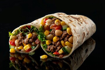 Wall Mural - Burritos wraps with beef and vegetables on black background. Beef burrito, mexican food