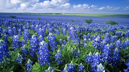 Wall Mural - A picturesque view of an expansive field filled with blooming bluebonnets stretching to the horizon, under a clear blue sky with fluffy white clouds creating a serene landscape.