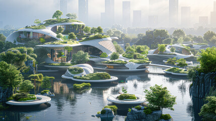 Canvas Print - Futuristic city with integrated green spaces and a floating park