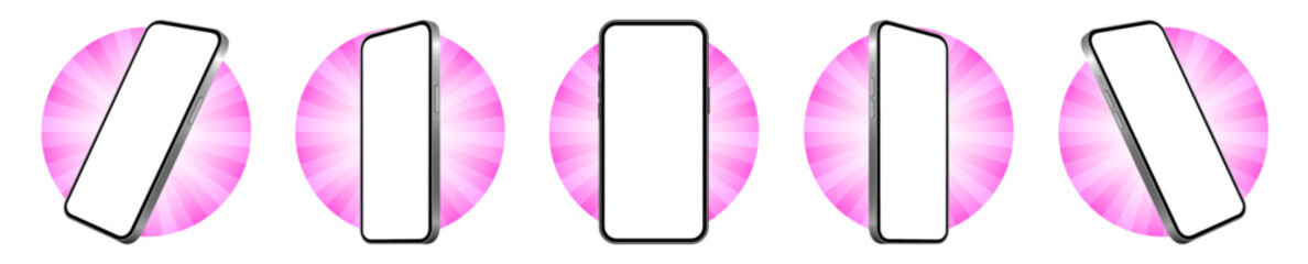 Wall Mural - Mockup of a phone screen. Social media promotion. Advertising on a smartphone display. Device front view. 3D mobile phone. Cell phone. Pink rounds with striped sectoral pattern	
