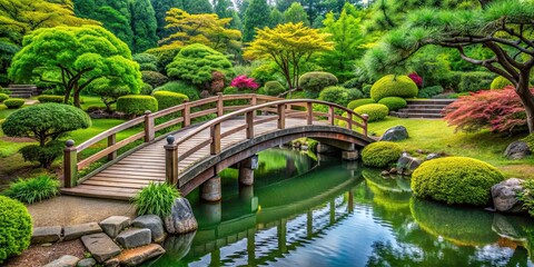 Sticker - Tranquil Japanese garden with traditional wooden bridge and vibrant greenery, Zen, peaceful, serene, nature