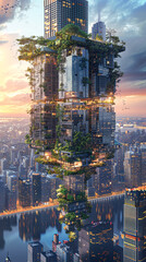 Poster - A cityscape with a tall building that is covered in plants