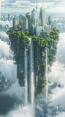 Poster - A city is floating in the sky with a waterfall in the middle