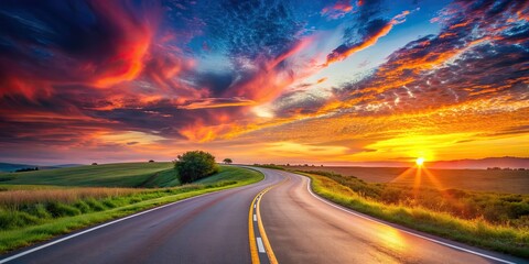 Canvas Print - Vibrant sunset over a winding road , sunset, road, sky, clouds, evening, colorful, landscape, nature, travel, horizon, dusk