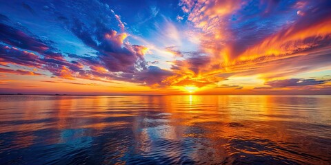 Canvas Print - Sunset over the ocean with vibrant hues reflecting on the water, sunset, ocean, horizon, sky, clouds, reflection, calm