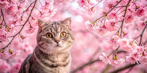 Canvas Print - A Scottish Fold cat peacefully enjoying the beauty of cherry blossoms in full bloom under the pink canopy , cat