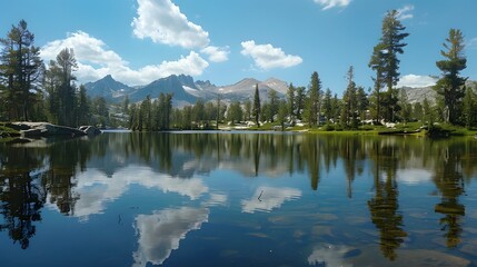 Wall Mural - Tranquil lake with crystal-clear water reflecting surrounding trees and mountains, providing a calming and peaceful scene. 