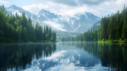 Wall Mural - Tranquil lake with crystal-clear water reflecting surrounding trees and mountains, providing a calming and peaceful scene. 