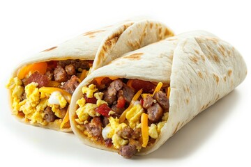 Wall Mural - burrito with sausage, scrambled eggs and cheese isolated on white 