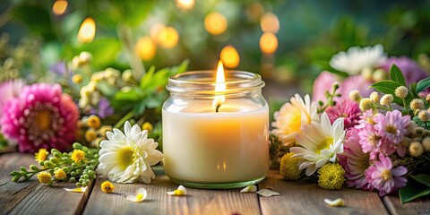 Wall Mural - Close-up of a lit aromatic candle in a glass jar, surrounded by fresh flowers creating a serene ambiance, candle, aromatic, glass