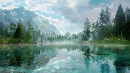 Wall Mural - Tranquil lake with crystal-clear water reflecting surrounding trees and mountains, providing a calming and peaceful scene. 