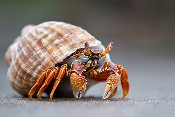 Detailed Macro Shot of a Brown Hermit Crab in Natural Light with Intricate Shell and Delicate Legs