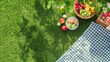 © Luluraschi - top view of summer picnic setup on a green lawn