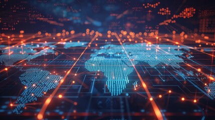 A digital map visualization with glowing data points overlaid on a global grid, representing connectivity and data.