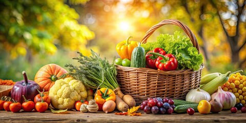 Poster - Bountiful harvest of fresh fruits and vegetables against a vibrant nature background, organic, garden, farm, produce