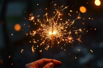 Wall Mural - Close-up of a hand holding a bright, sparkling firework at twilight, with glowing bokeh