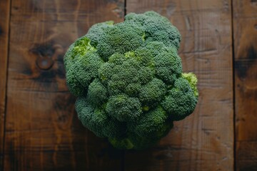 Sticker - Top view of a vibrant, organic broccoli head resting on rustic wood background