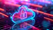 © Andrei - Lock icon in translucent cloud on neon grid background for digital security concept