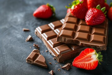 Wall Mural - Tempting milk chocolate bars with ripe strawberries on a dark background