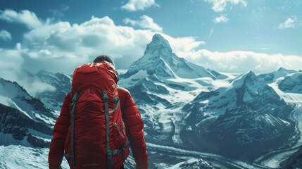 Canvas Print - a man in a red jacket standing on a mountain