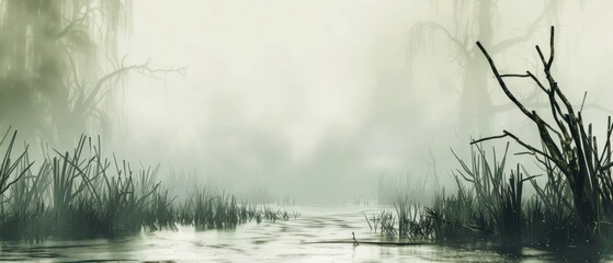 Wall Mural - A forest with a foggy sky and a river