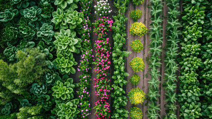 Poster - Overhead view of a lush, vibrant flower field, showcasing natural beauty