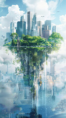 Poster - A city is reflected in the water, with a tree growing out of the water