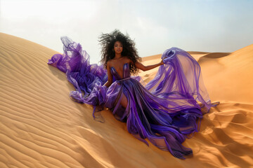 high fashion shooting of a dark-skinned diva with long dress on a dune in the desert