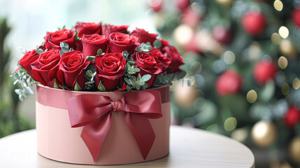 Wall Mural - A bouquet of red roses is in a pink box with a red ribbon