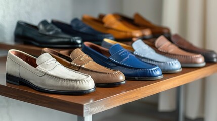 A display of chic, modern loafers in various colors and materials, arranged on a minimalist wooden table.