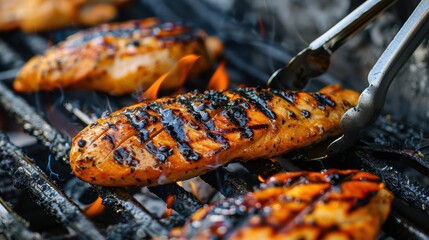 Wall Mural - A grill with chicken on it and a person holding tongs