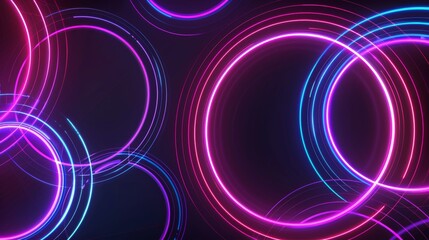 A vibrant display of neon rings in pink and blue shades, layered in dynamic circular patterns over a dark backdrop.