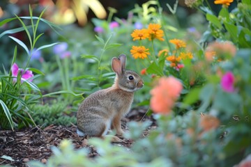 Poster - Cute rabbit sits peacefully in a vibrant garden, surrounded by orange blossoms