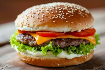 Wall Mural - Juicy beef burger with cheese, lettuce, and tomato on a sesame bun