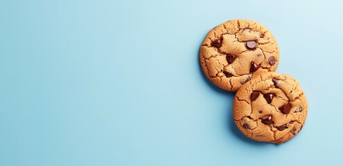 Two cookies with chocolate chips topping on a light blue background