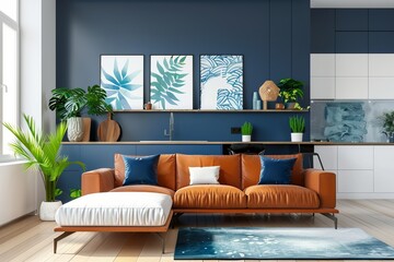 A modern living room featuring navy blue walls, an orange sectional couch, a white kitchen, framed plant-themed artwork, and an abundance of natural light for a stylish look.