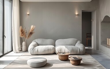 A minimalist living room featuring soft white sofas, round tables, and subtle decor elements that create a cozy and elegant ambience, perfect for modern living.