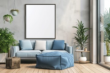 Poster - Modern living room featuring blue furniture elements, green plants, large windows for ample natural light, and a neutral color palette that promotes tranquility and relaxation.