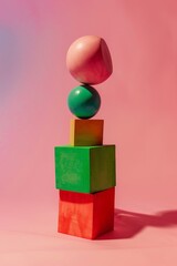 Poster - An abstract art piece featuring colorful wooden blocks stacked in a balanced composition against a pink backdrop, showcasing a playful and creative aesthetic.