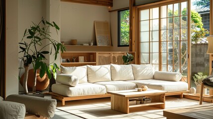 Poster - A modern Japanese-style living room filled with sunlight, featuring a white sofa, natural wooden furniture, and large sliding doors leading to a serene garden view, radiating tranquility.