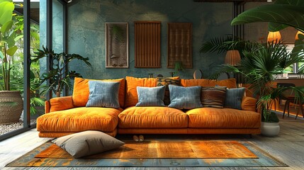 Sticker - Embracing an eclectic design, this living room features an orange sofa with teal cushions, accented by tropical plants, projecting warmth and coziness of a zen-like atmosphere.