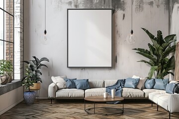 Poster - This stylish living area features modern furniture, a large blank canvas on the wall, and chic indoor plants, offering a warm and chic atmosphere ideal for contemporary homes.